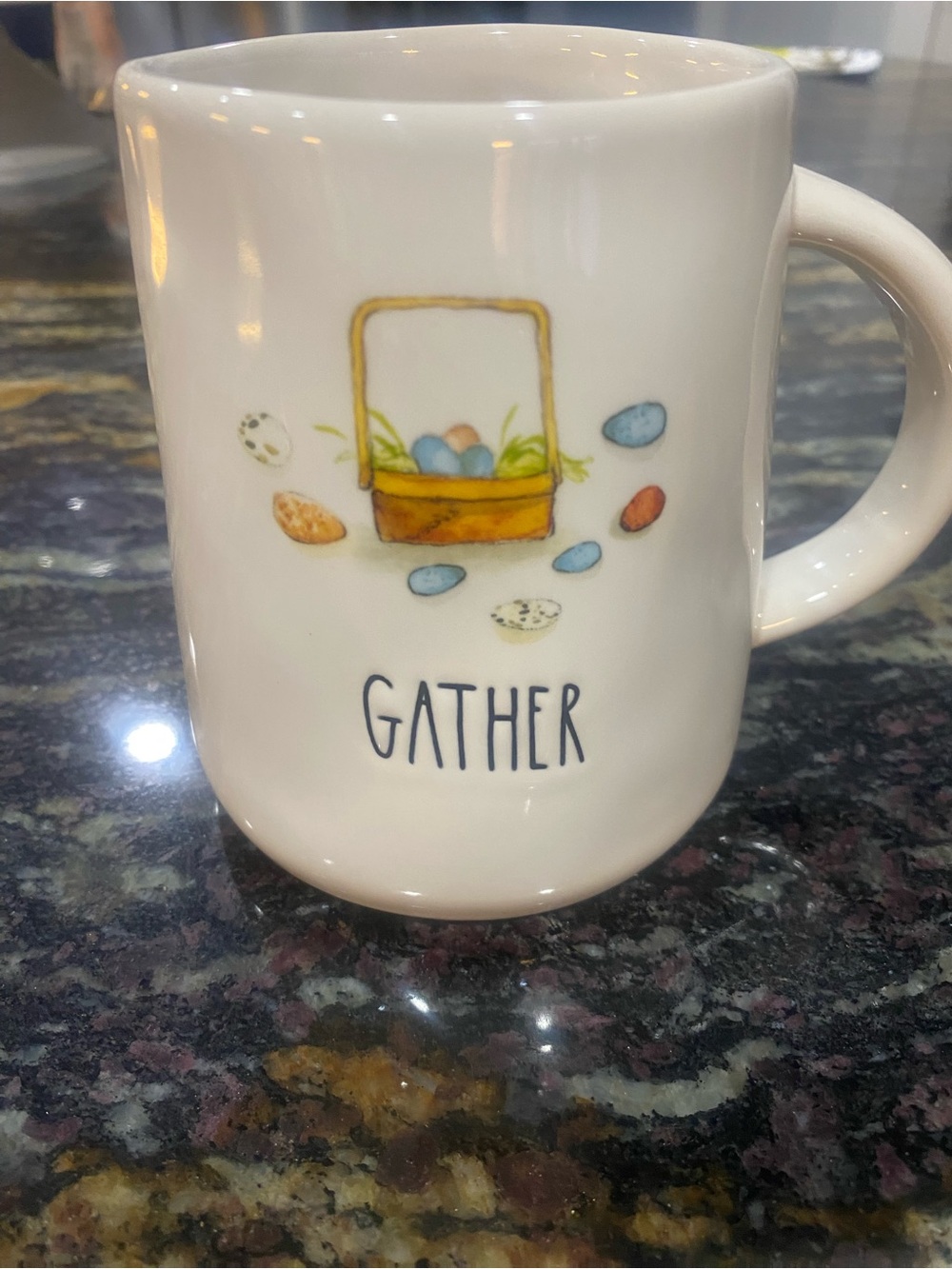 Rae Dunn White Ceramic Mug with Pastel Egg Basket Artwork